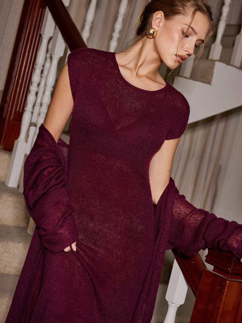Ensemble deux pièces robe longue en maille et cardigan, sans ceinture