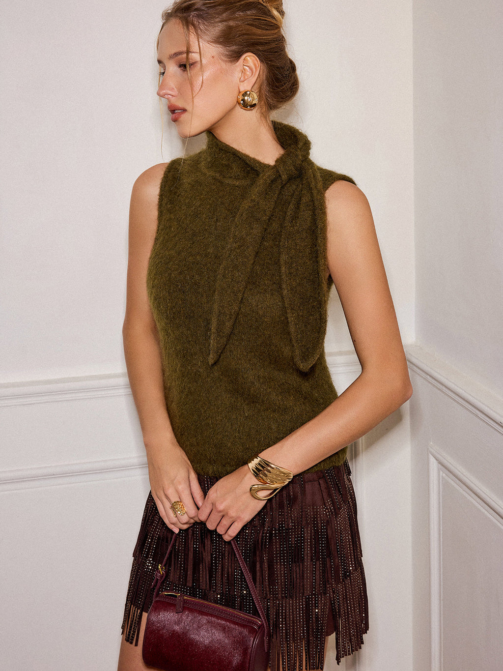 Gilet pull sans manches en mélange de laine avec col lavallière