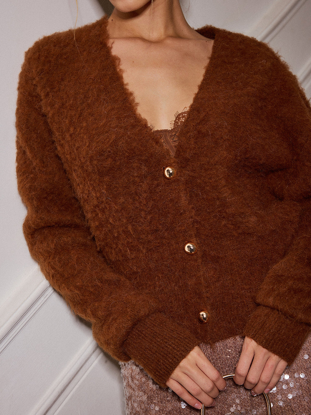 Alpaka-Mischgewebe V-Ausschnitt Strickjacke mit Knöpfen