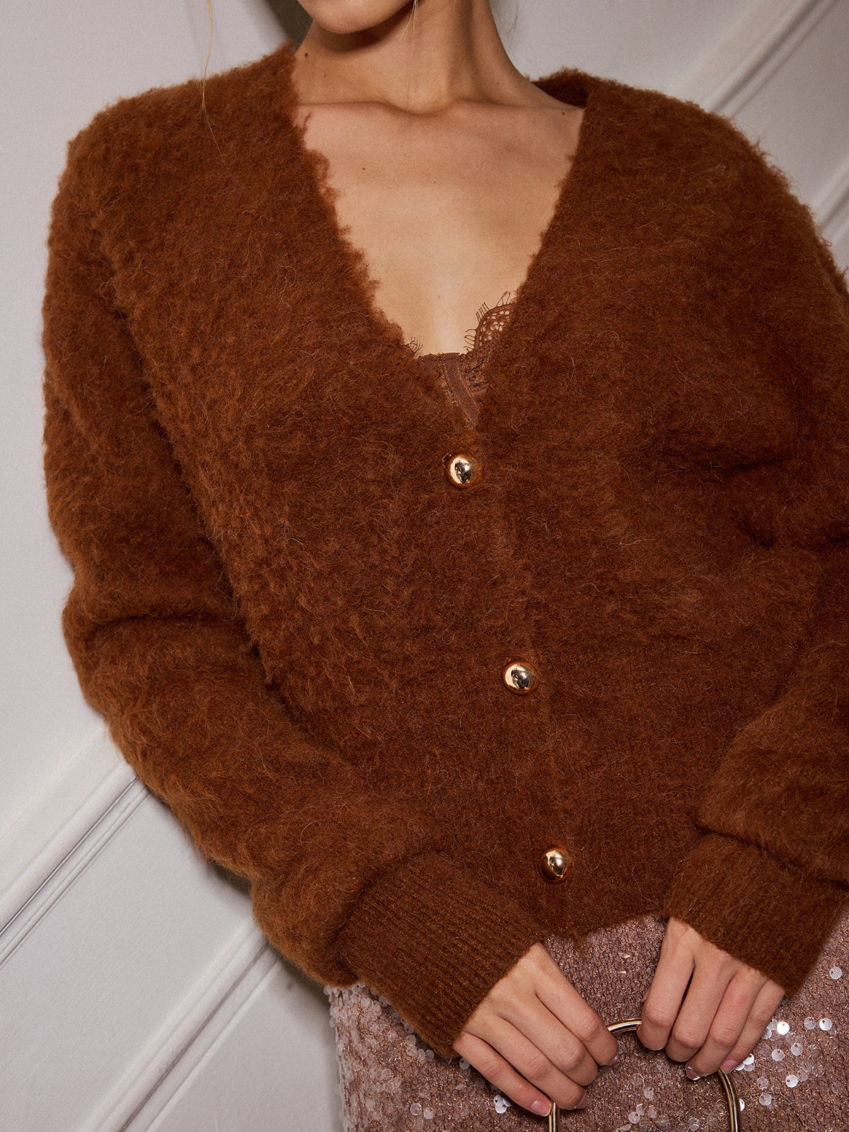 Alpaka-Mischgewebe V-Ausschnitt Strickjacke mit Knöpfen