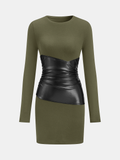PU Leather Panel Long Sleeve Knit Dress