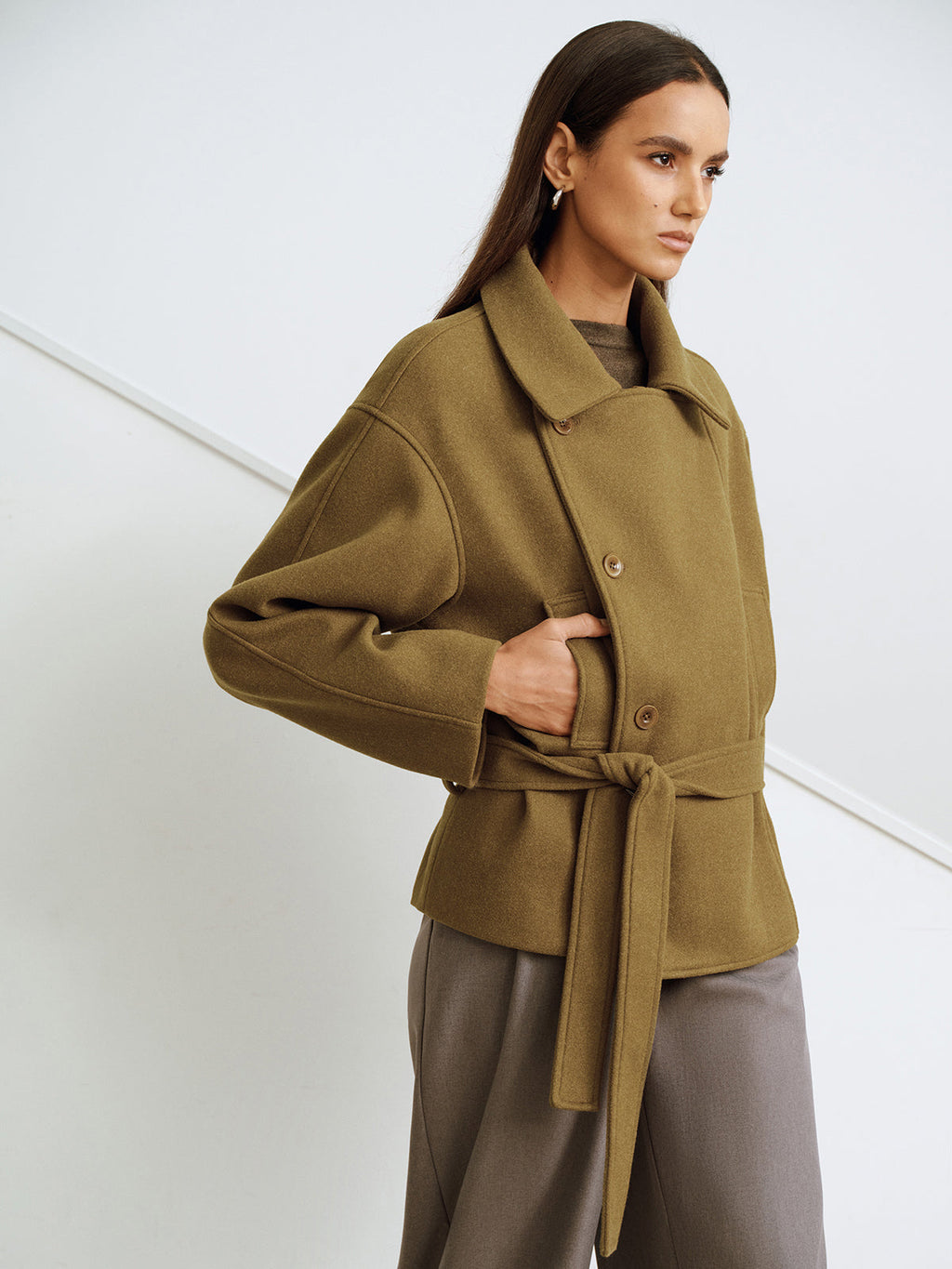 Manteau à col en fausse laine cachemire avec ceinture