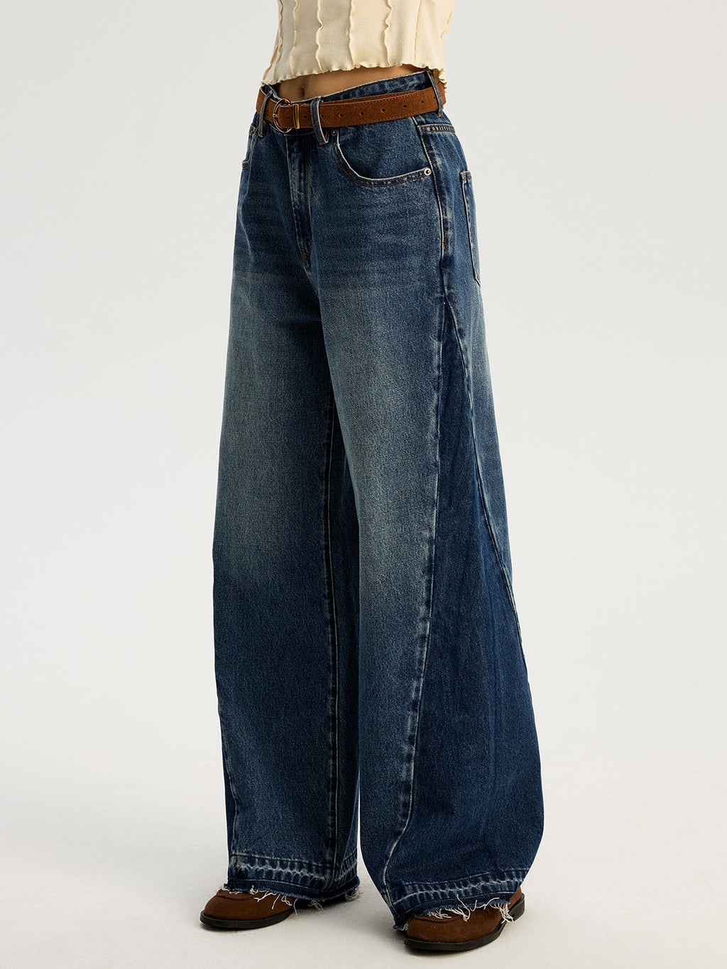 Low Rise Two Tone Ultra Wide Leg Jeans
