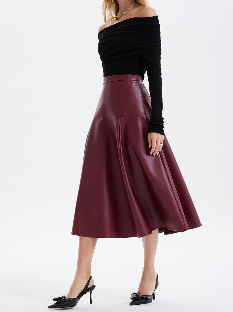 Wave Hem Faux Leather Midi Skirt