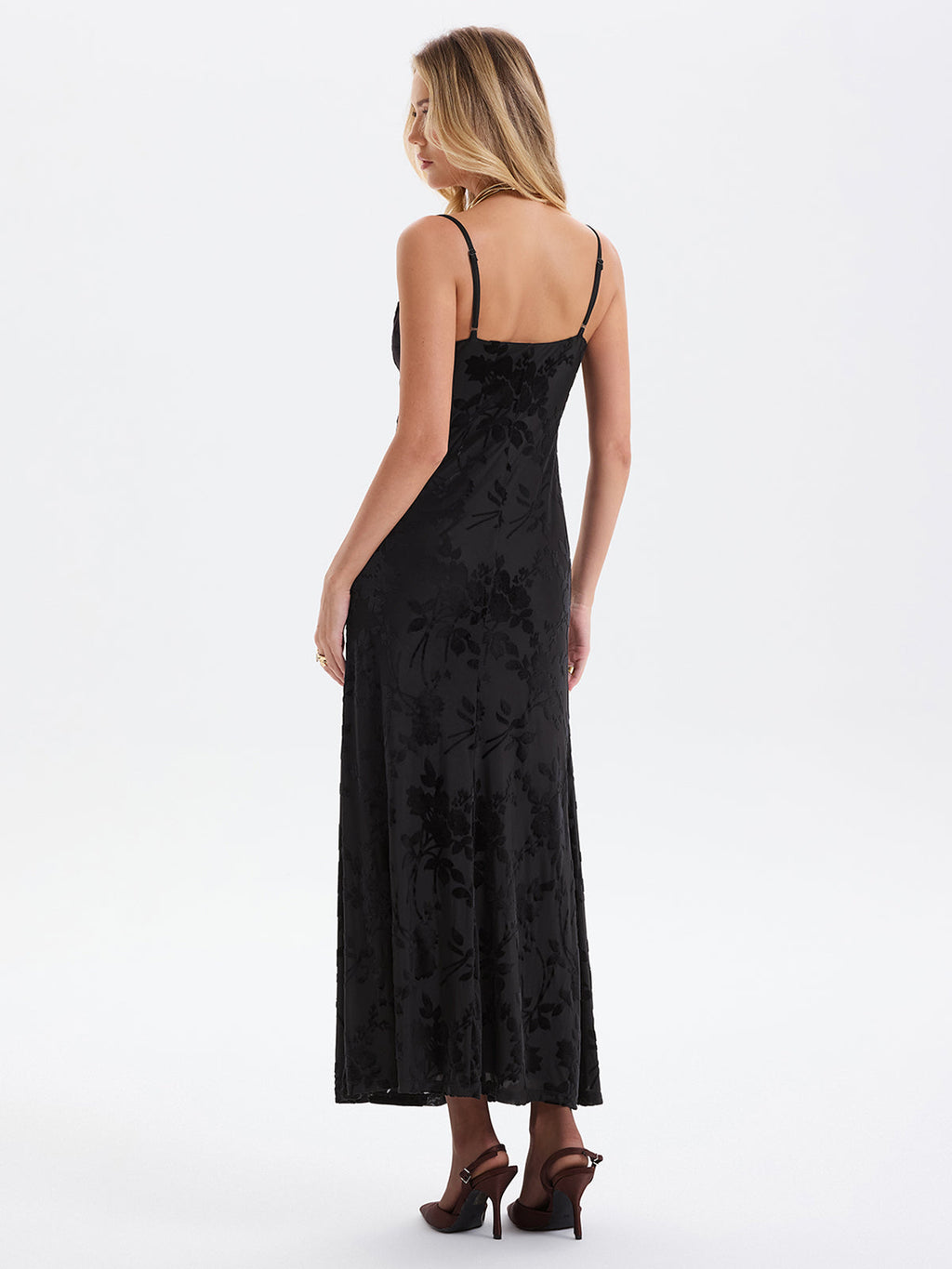 Maxikleid mit Blumenmuster aus Beflocktem Netzstoff