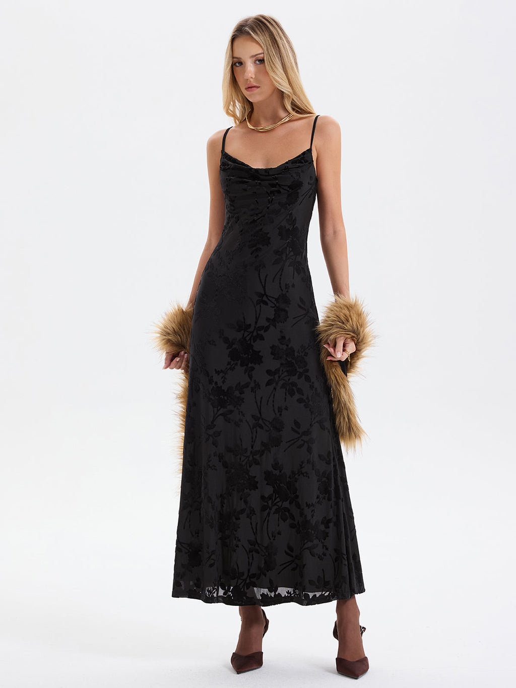 Maxikleid mit Blumenmuster aus Beflocktem Netzstoff