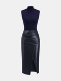 Faux Leather Panel Mock Neck Sleeveless Dress