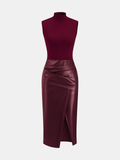 Faux Leather Panel Mock Neck Sleeveless Dress