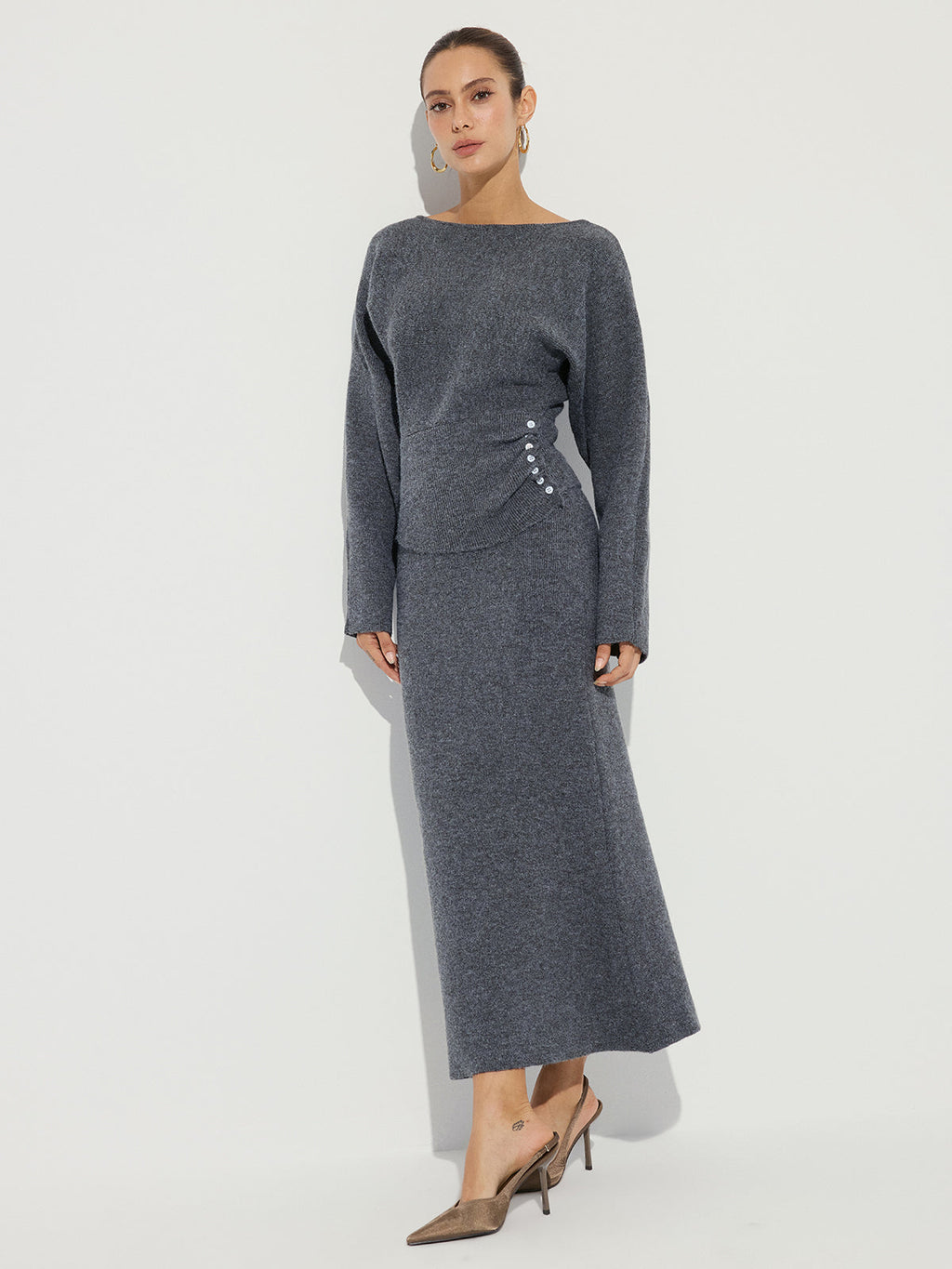 Ensemble top et jupe longue en maille boutonnée