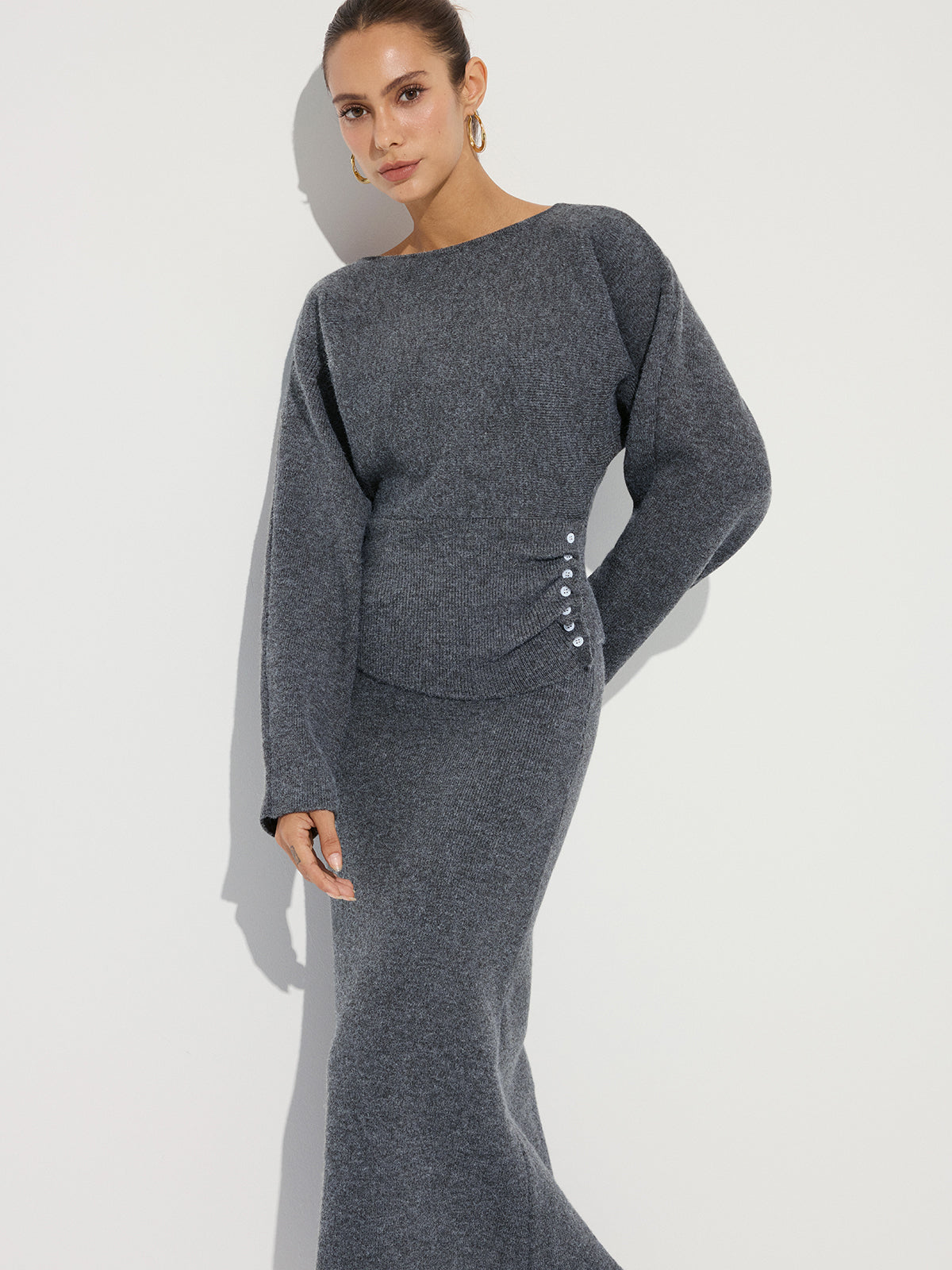 Ensemble top et jupe longue en maille boutonnée