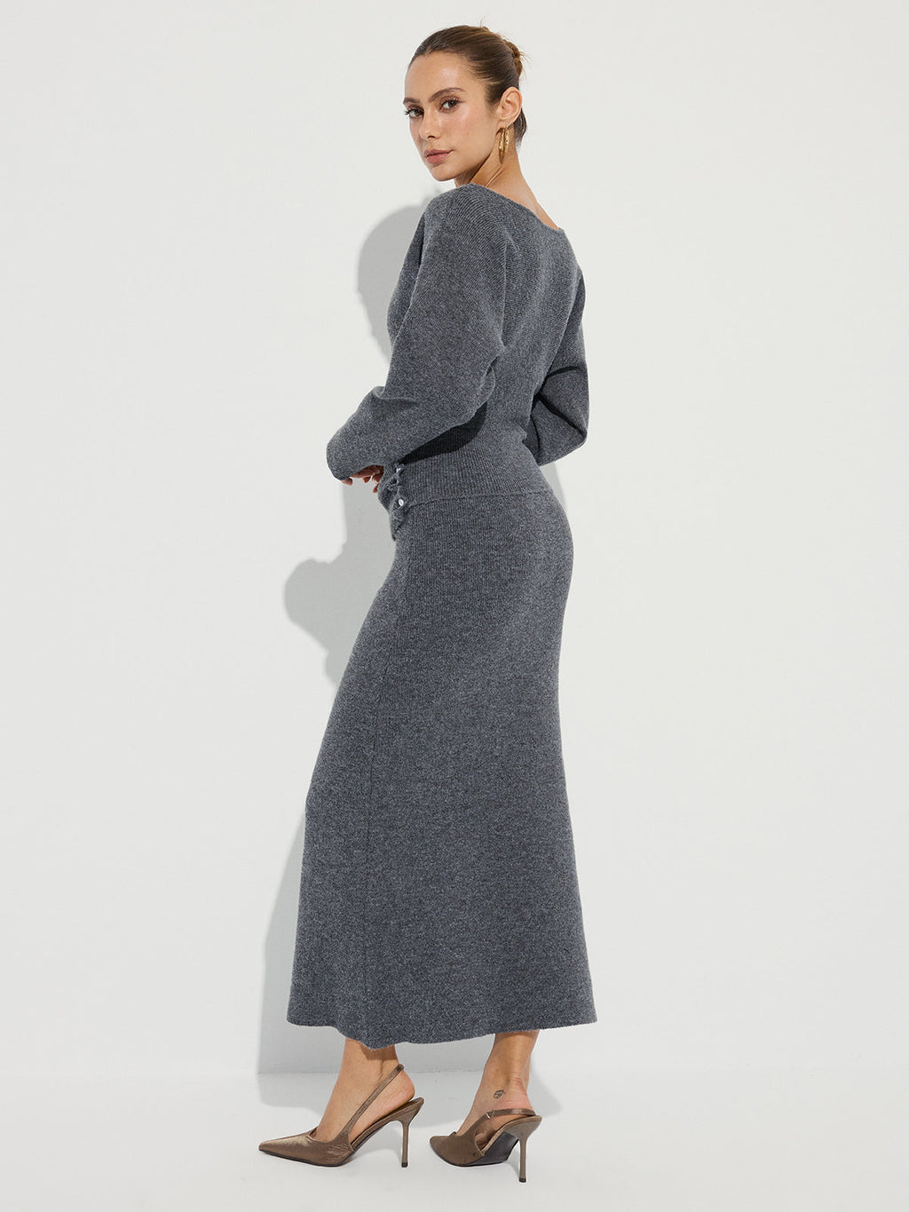 Ensemble top et jupe longue en maille boutonnée