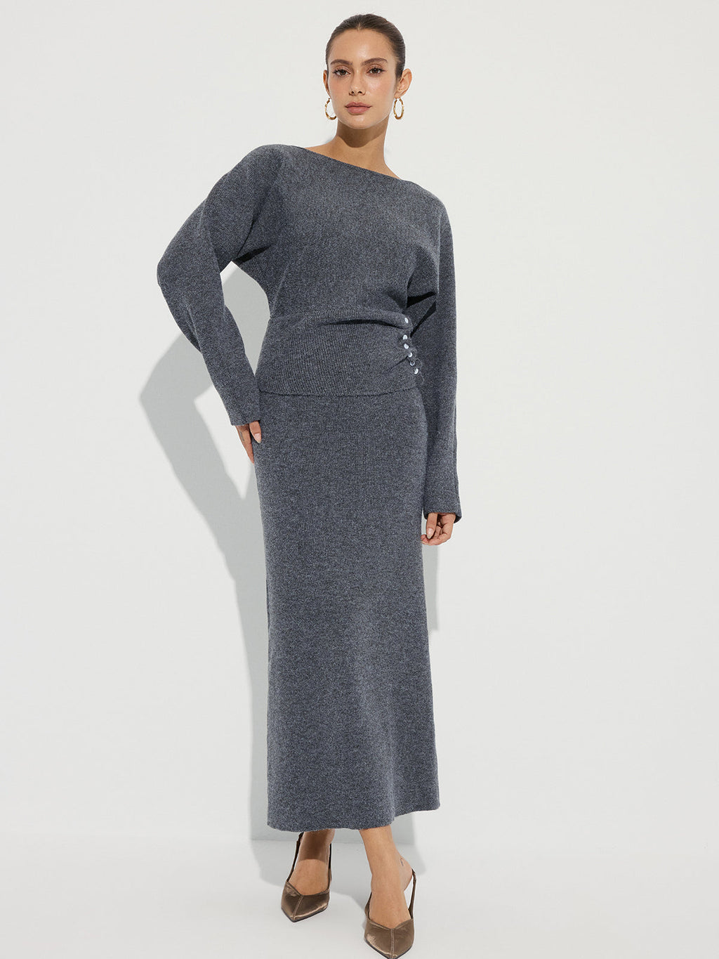 Ensemble top et jupe longue en maille boutonnée