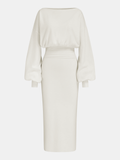 Waist-Defined Balloon-Sleeve Knit Midi Dress