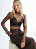 Plaid Mesh Turtleneck Blouse