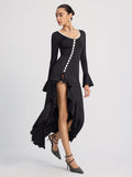Midi-Kleid mit Rüschen und kontrastfarbenen Zierleisten und Knopfleiste vorne