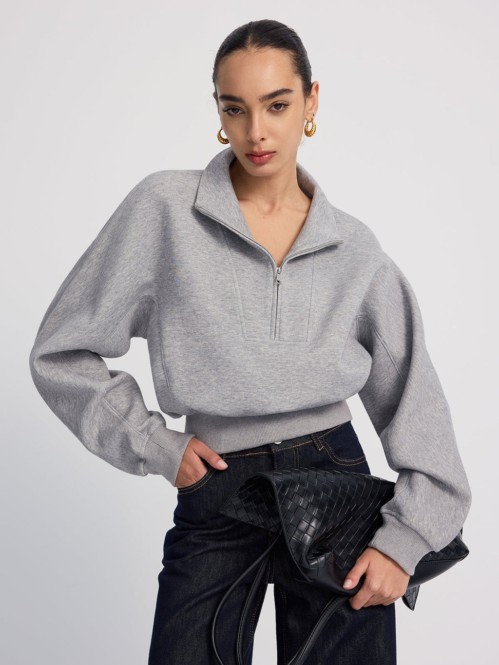 Übergroßes bauchfreies Sweatshirt mit halbem Reißverschluss