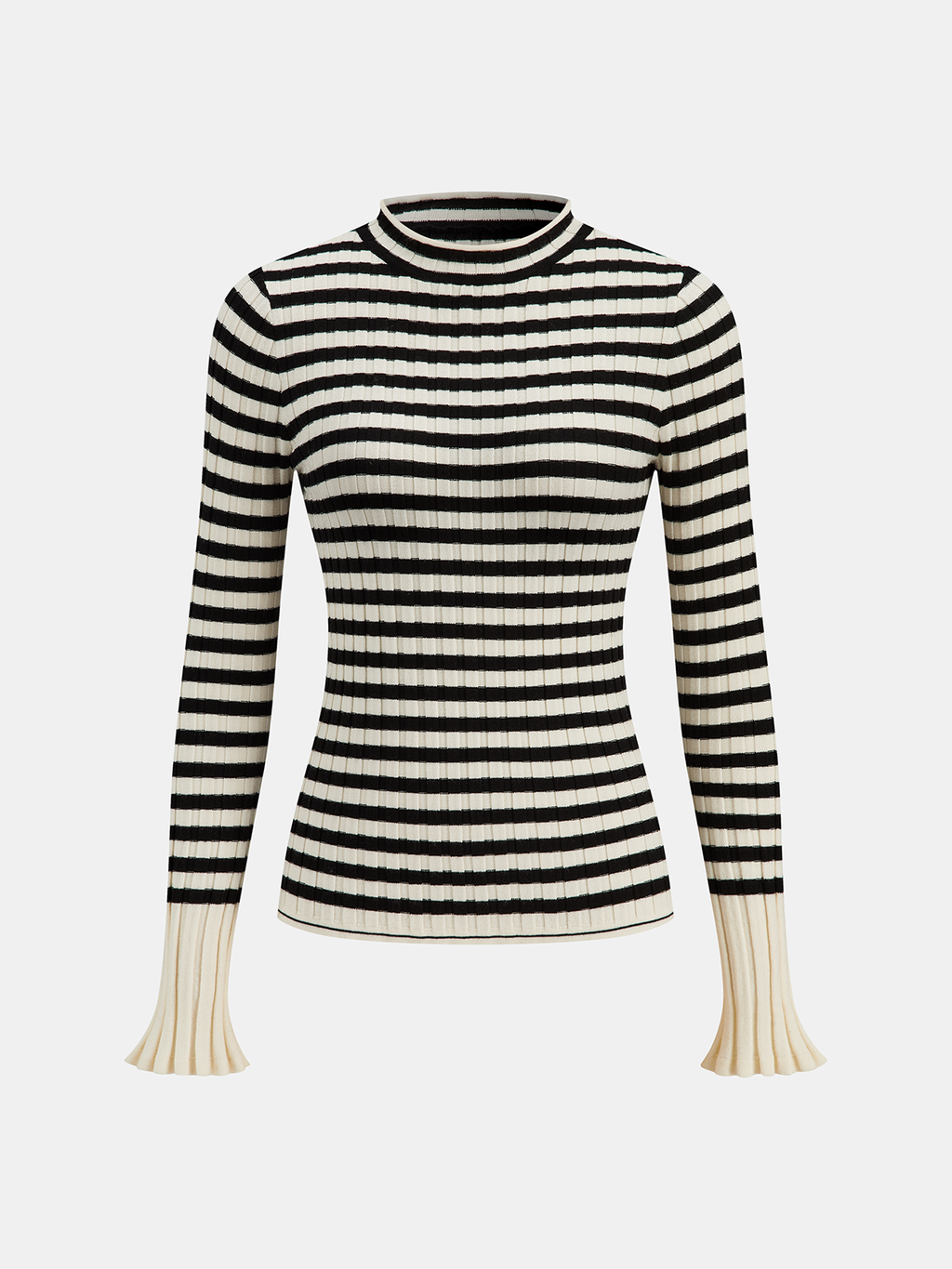 Gestreifter Rippstrickpullover mit ausgestellten Ärmelbündchen