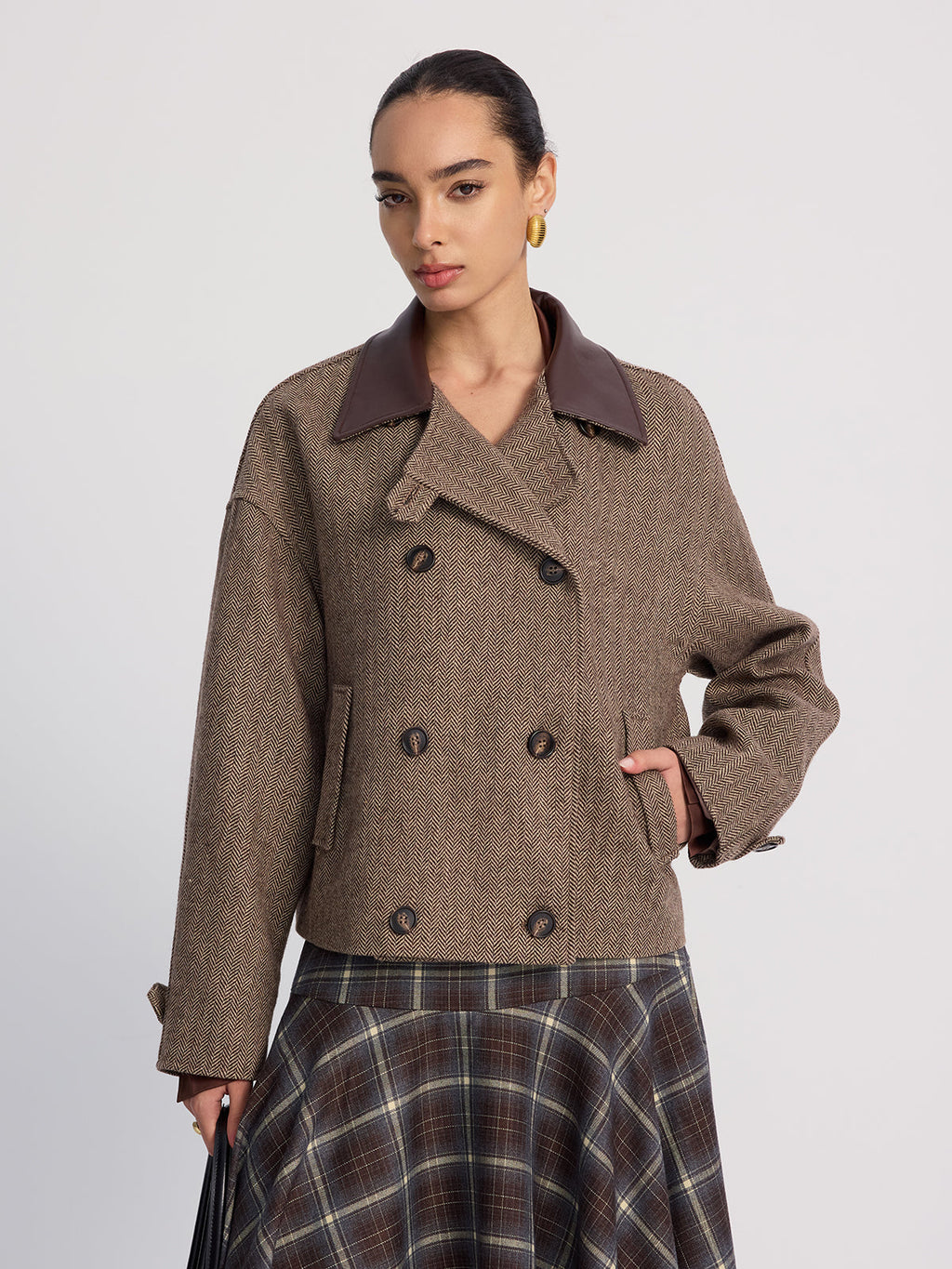 Veste à chevrons en mélange de laine et col en cuir