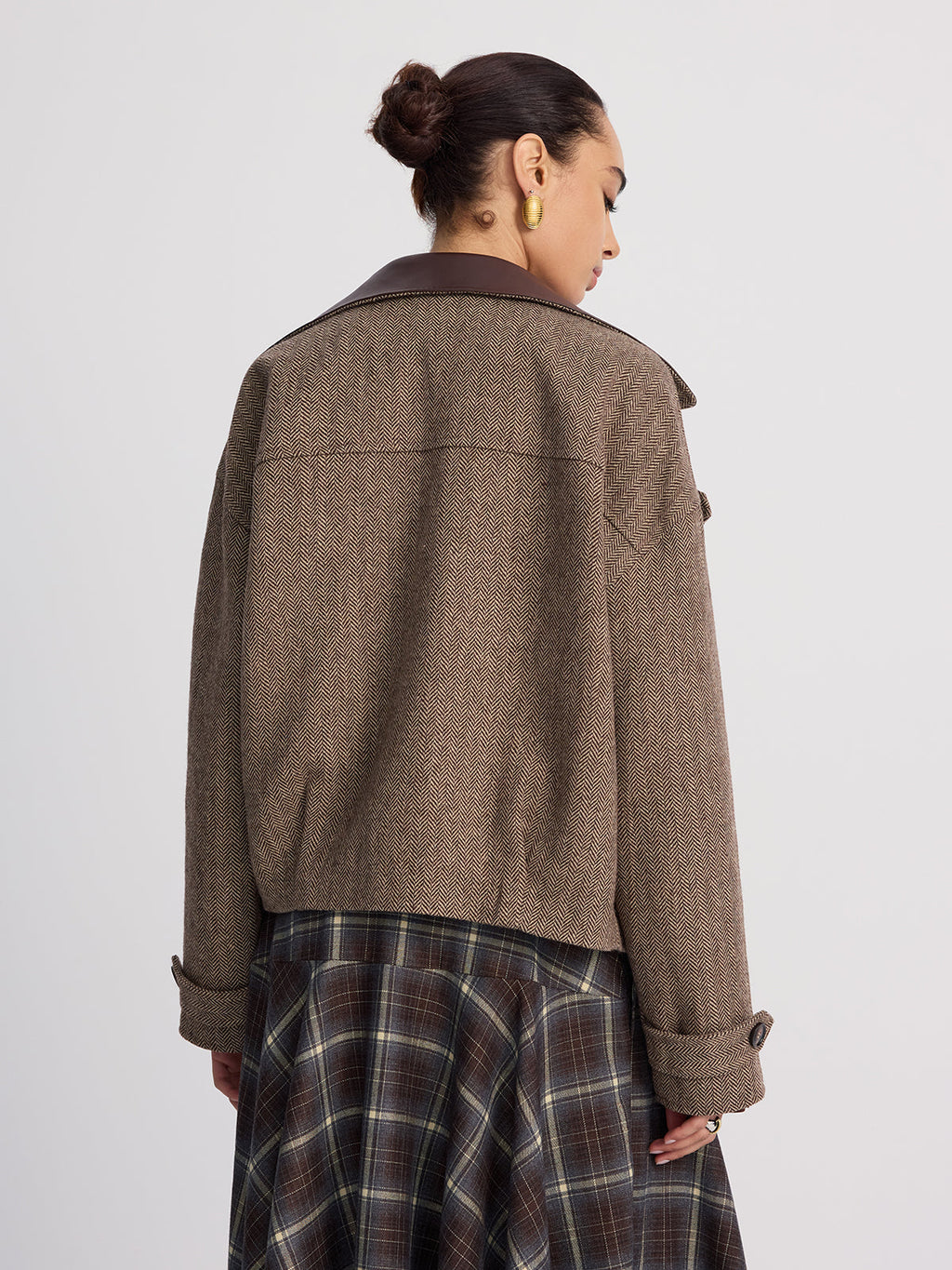 Veste à chevrons en mélange de laine et col en cuir
