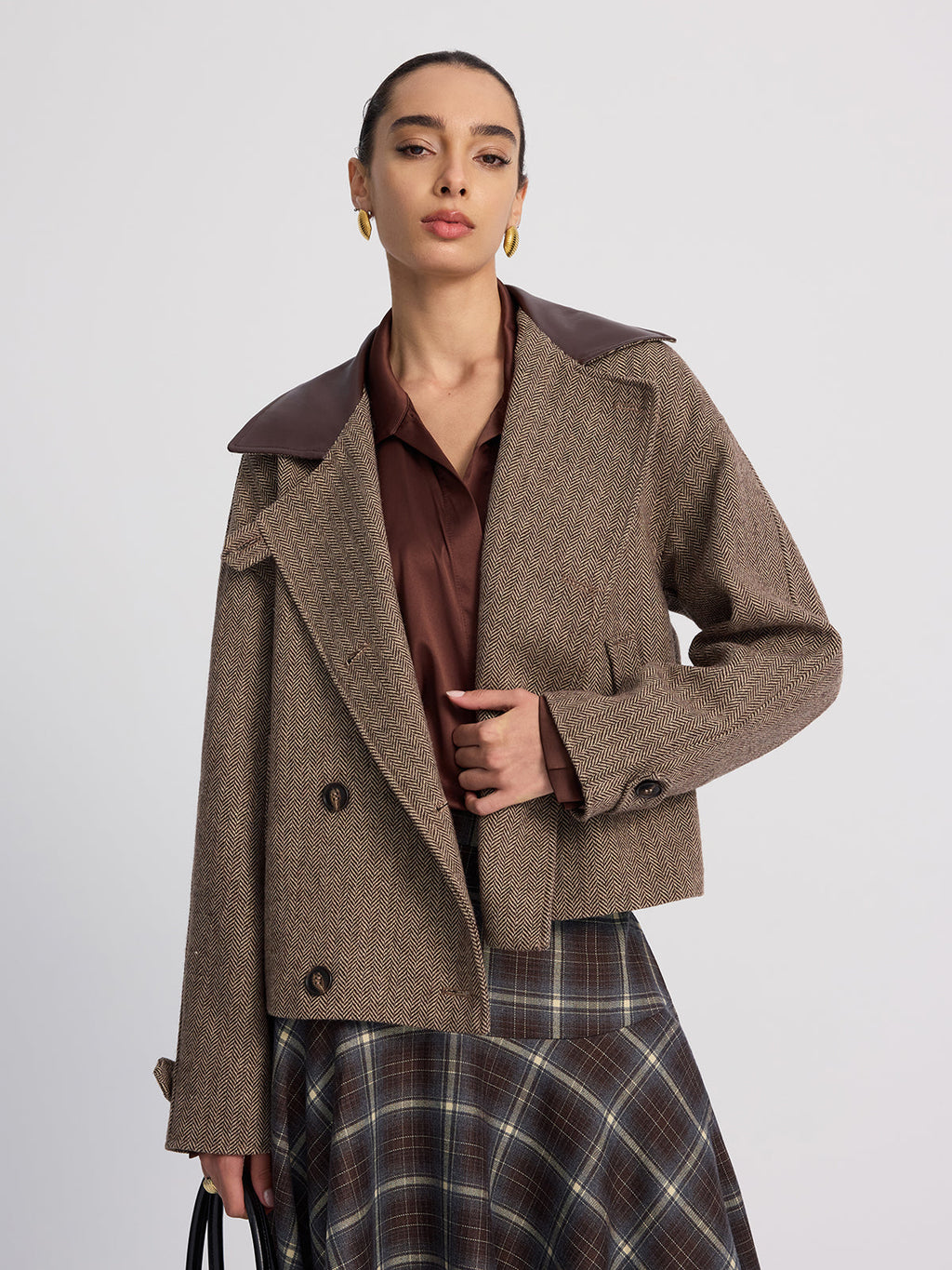 Veste à chevrons en mélange de laine et col en cuir