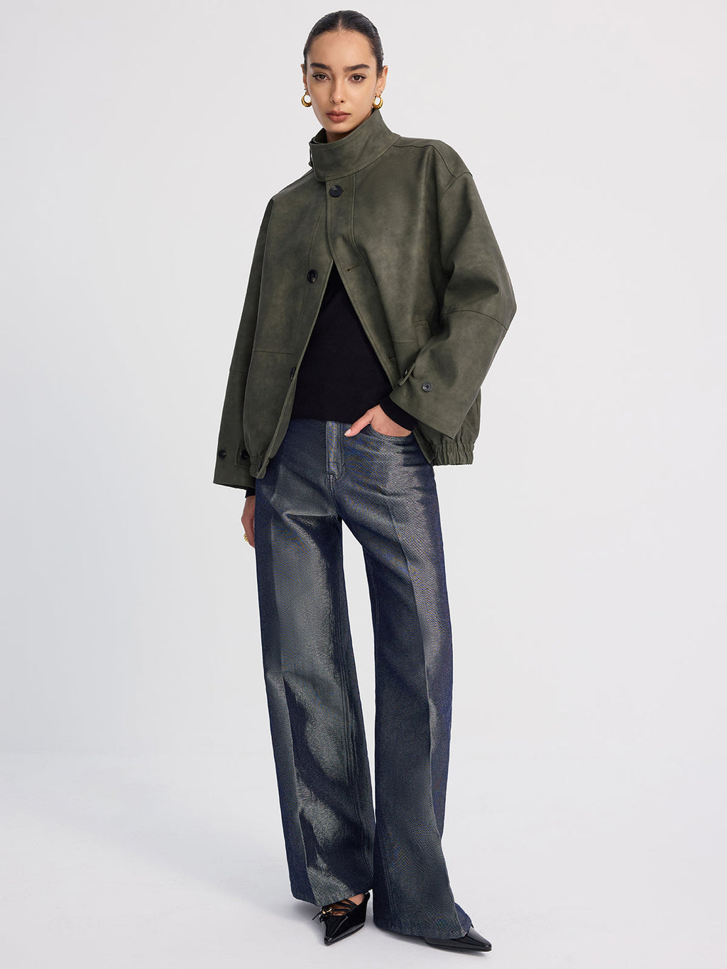 Stand-Collar Oversized Faux Suede Jacket