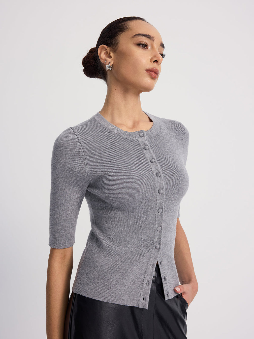 Ribbed Half-Sleeve Knit Top