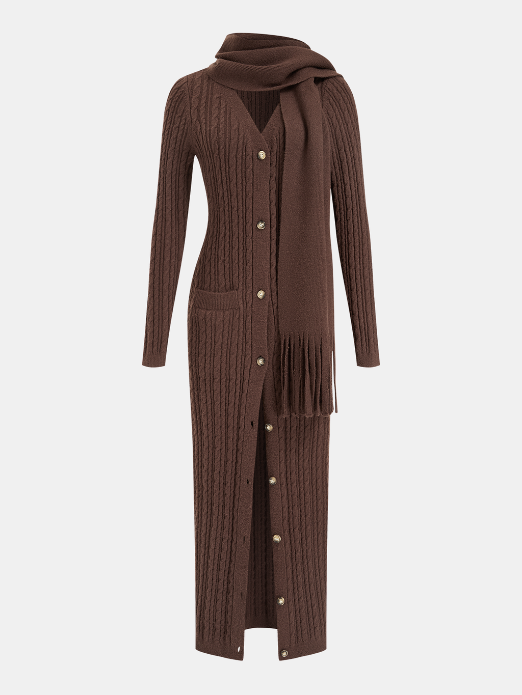 Robe en tricot torsadé avec écharpe à franges assortie