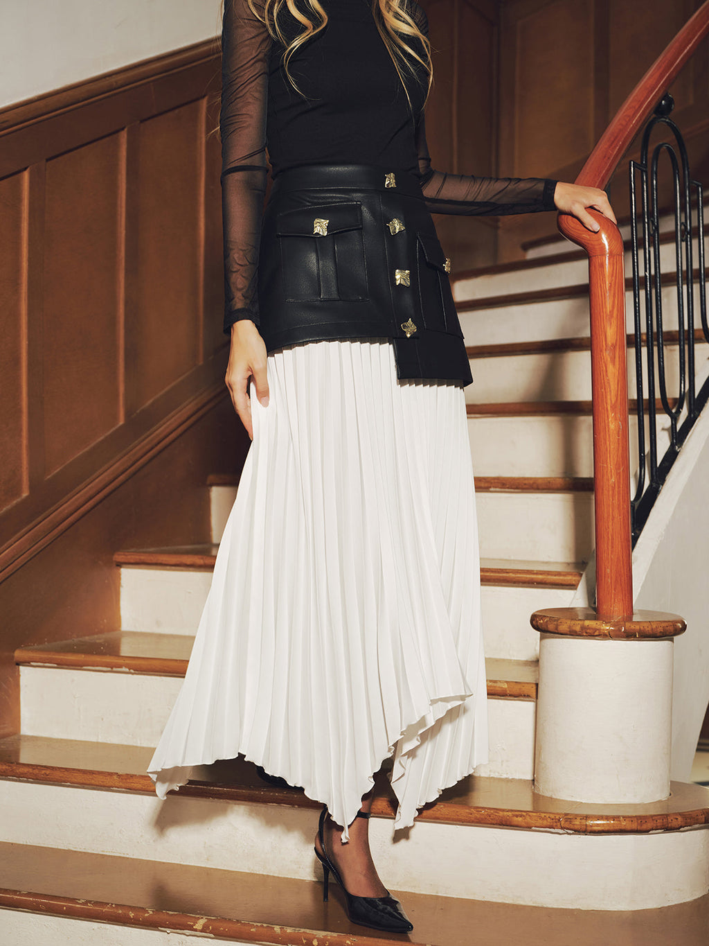 Faux Leather Paneled Asymmetric Pleated Maxi Skirt
