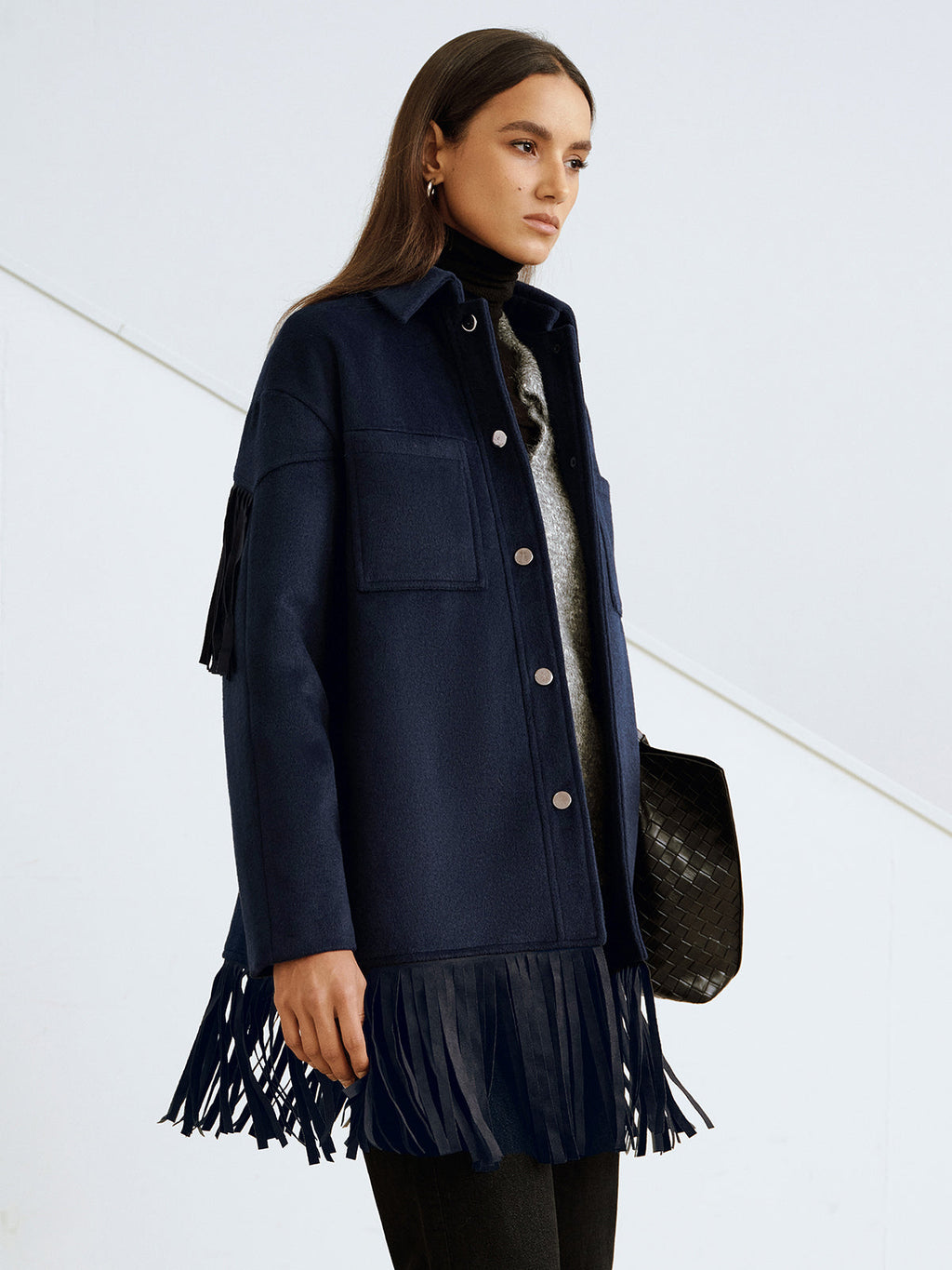 Fringe Detail Wool-Blend Collared Coat