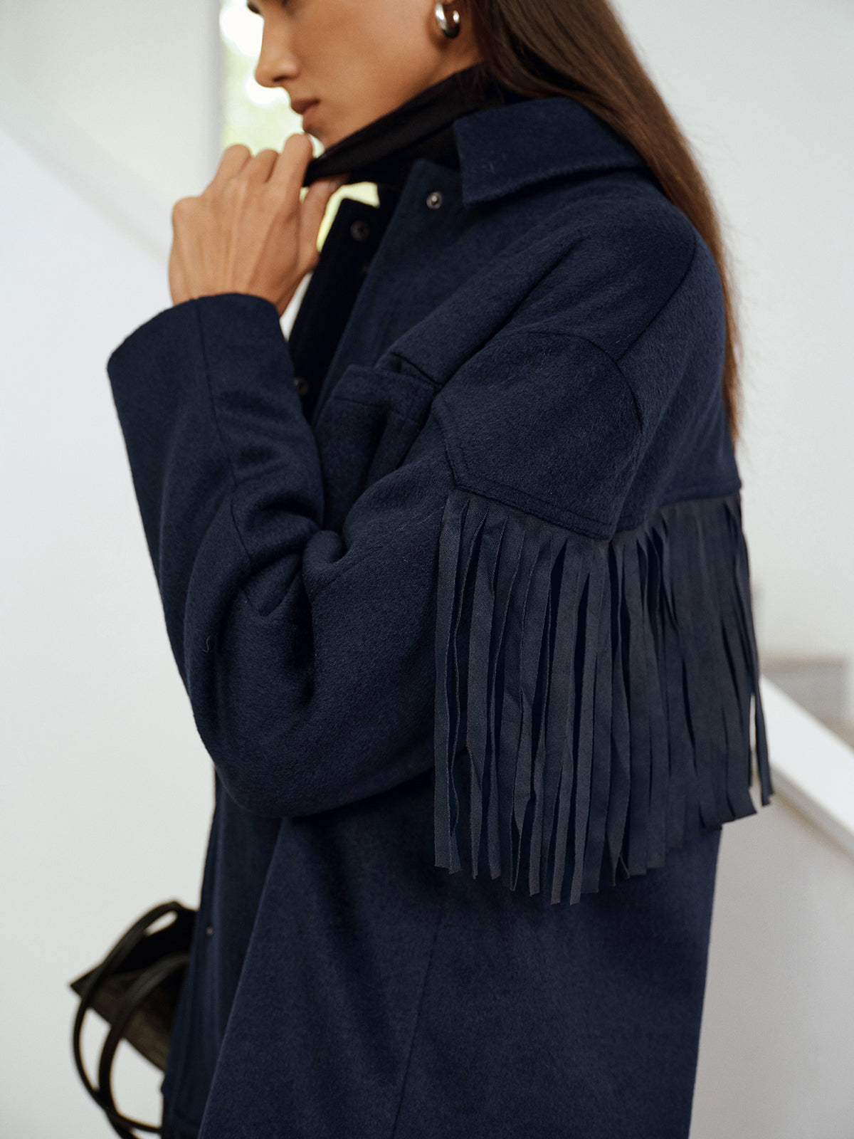 Fringe Detail Wool-Blend Collared Coat