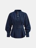 Pleated Belted Denim Peplum Top