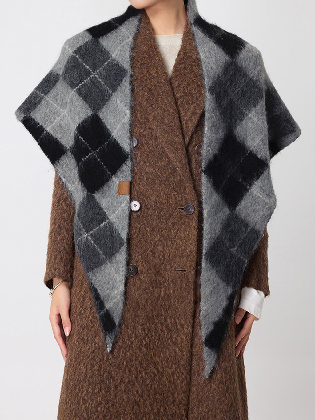 Wool Blend Plaid Knit Triangle Scarf