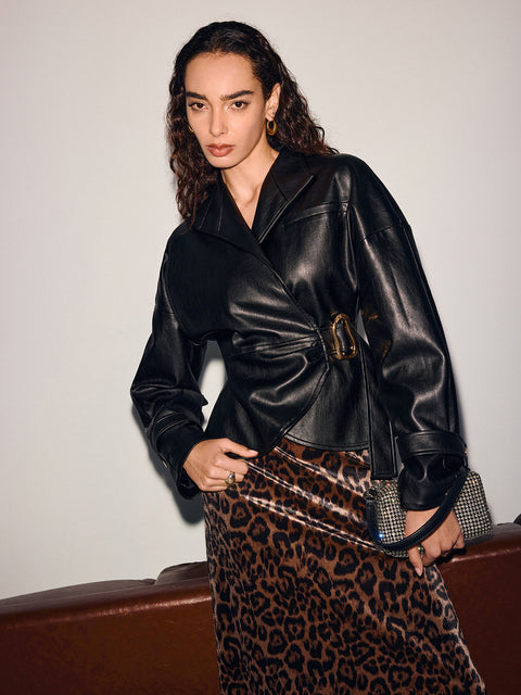 Buckle-Accented Cinched-Waist Faux Leather Jacket
