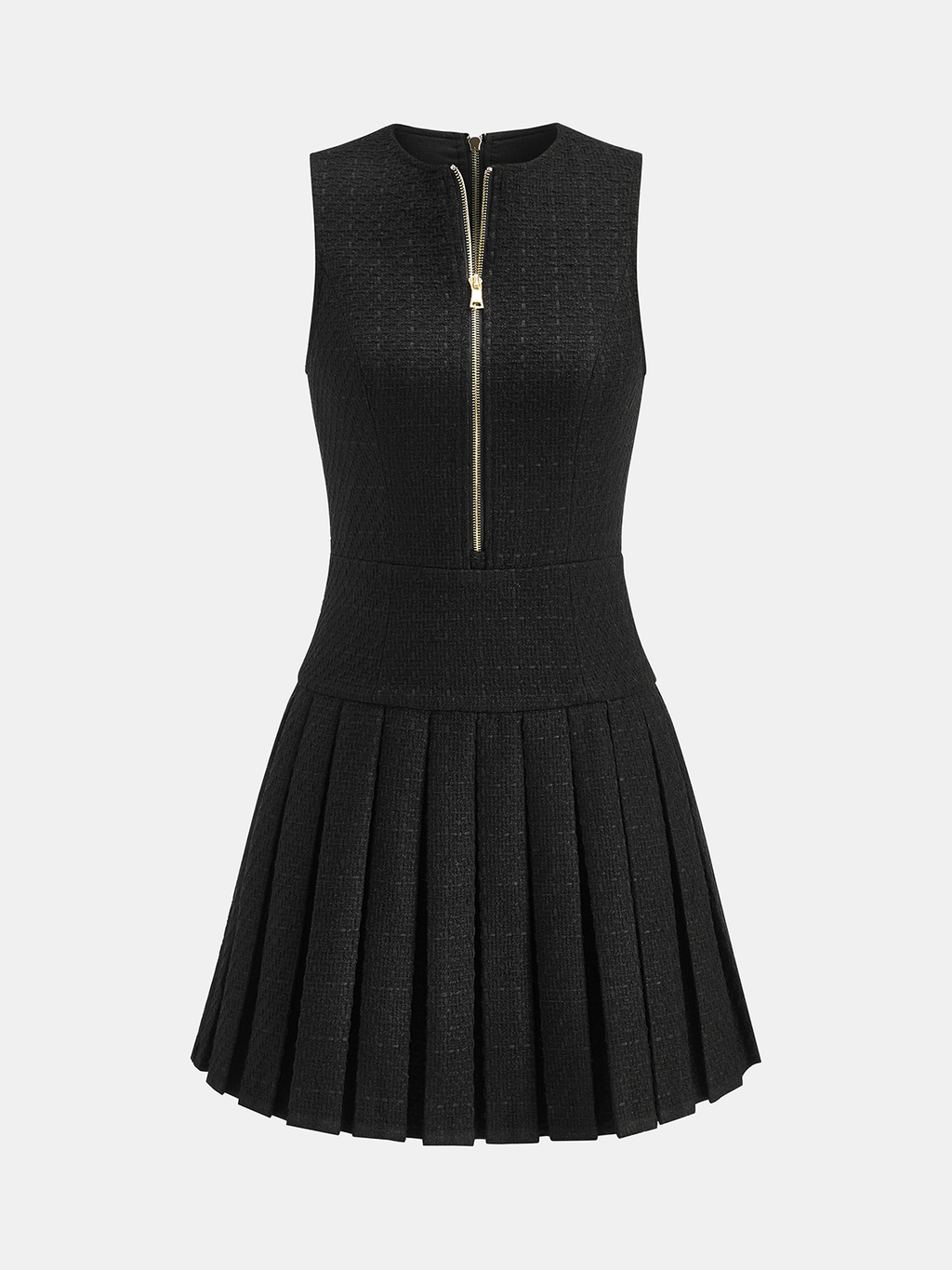 Zip-Front Pleated Tweed Mini Dress