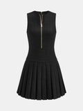 Zip-Front Pleated Tweed Mini Dress