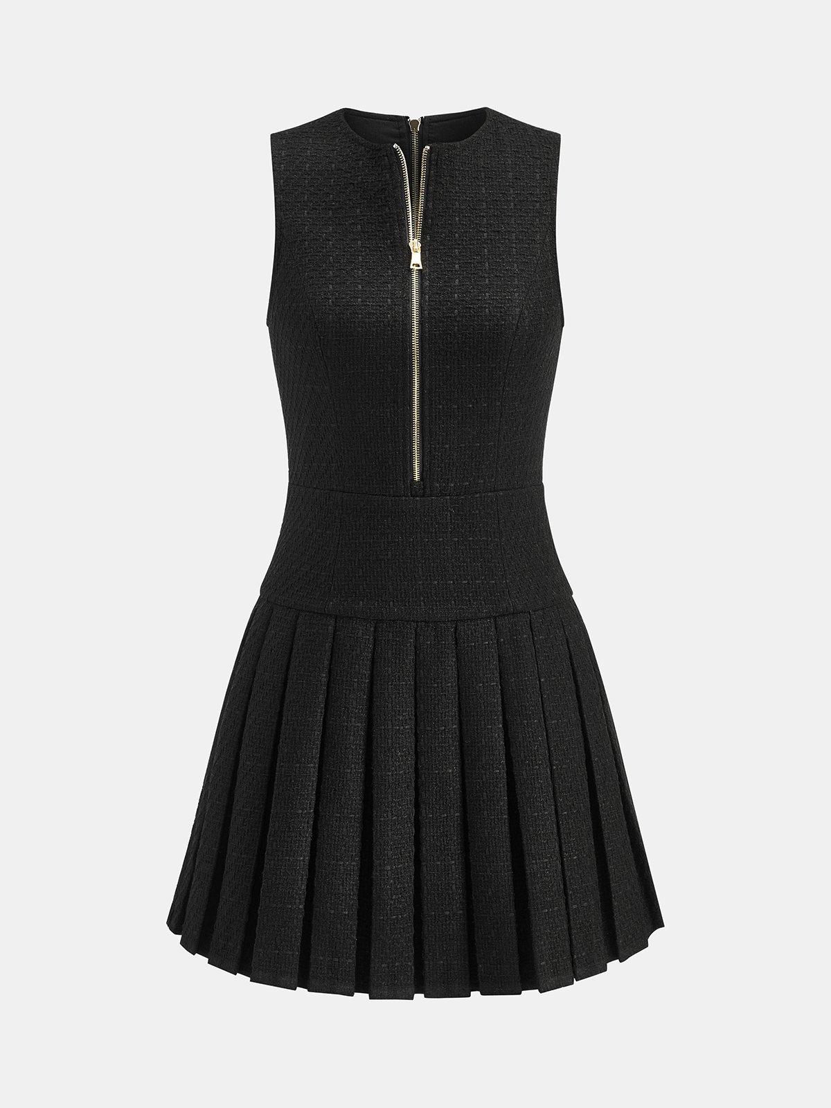 Zip-Front Pleated Tweed Mini Dress
