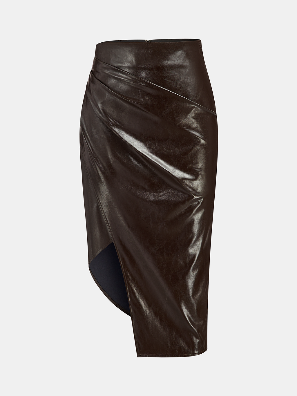 Jupe midi asymétrique fendue en similicuir plissé