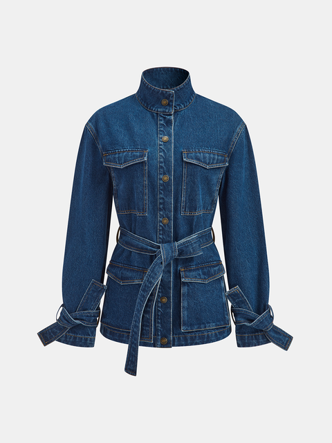 Belted Denim Jacket with Tie-Cuff Detail