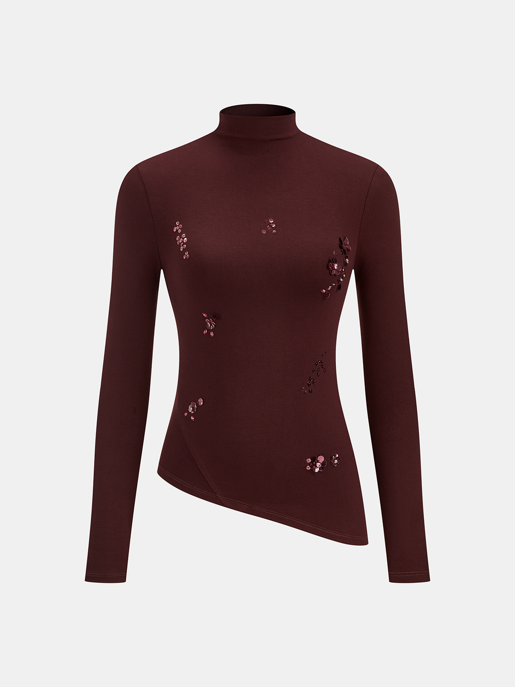 Haut à col montant, ourlet asymétrique et sequins fleuris