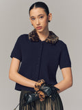 Leopard Faux Fur Collar Short-Sleeve Cardigan