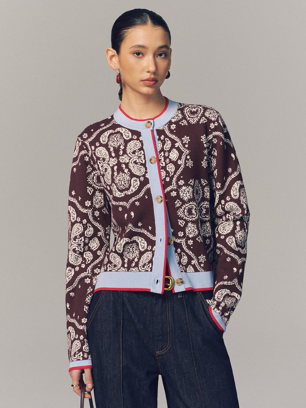 Contrast Trim Paisley Knit Cardigan