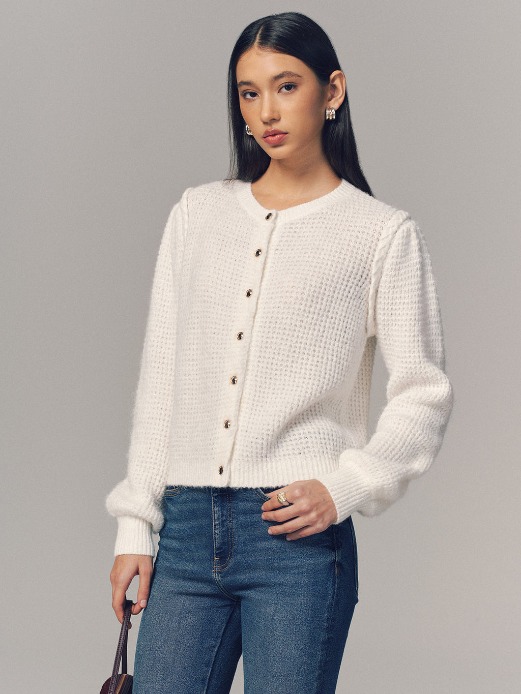 Wool Blend Waffle Knit Buttoned Cardigan