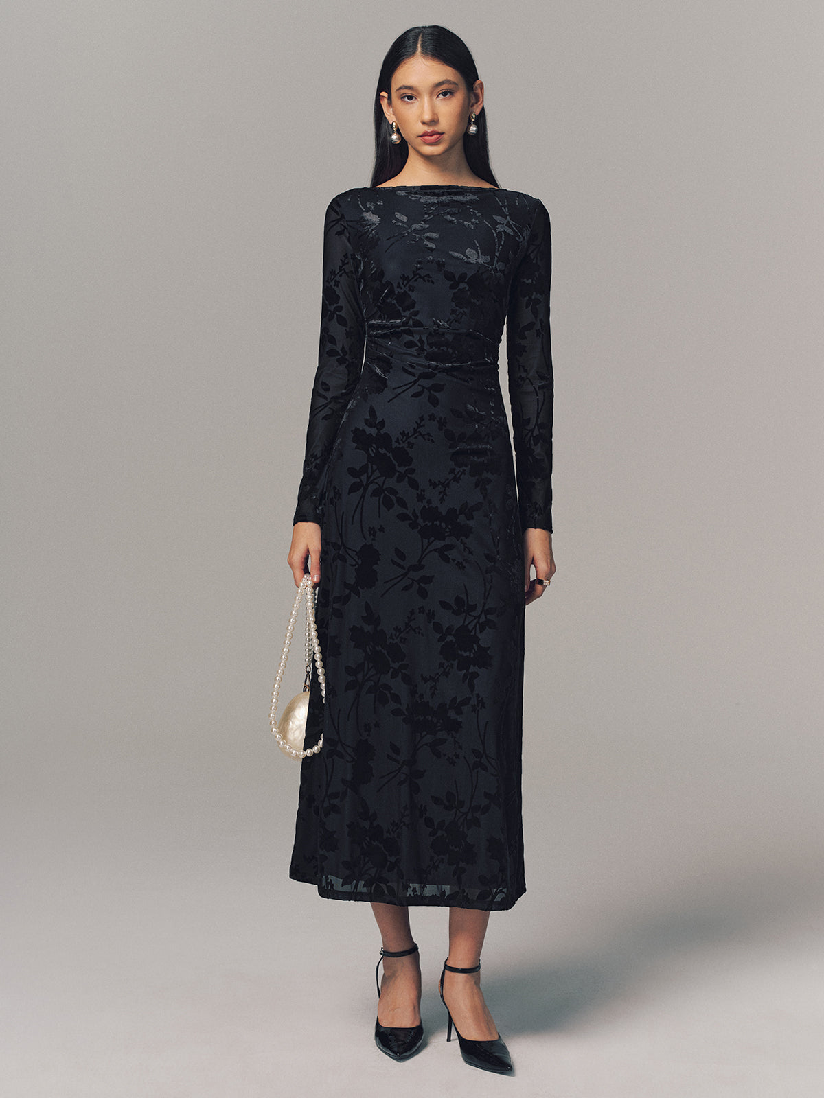 Velvet Floral Long Sleeve Backless Maxi Dress