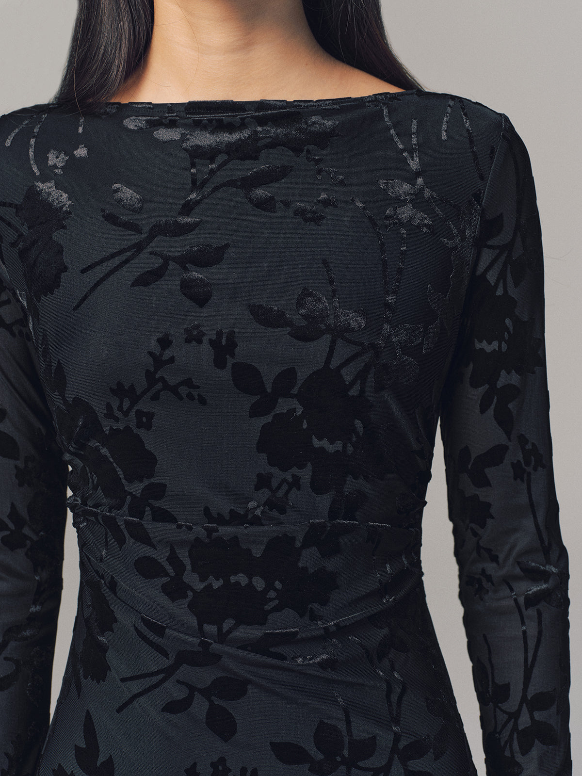Velvet Floral Long Sleeve Backless Maxi Dress