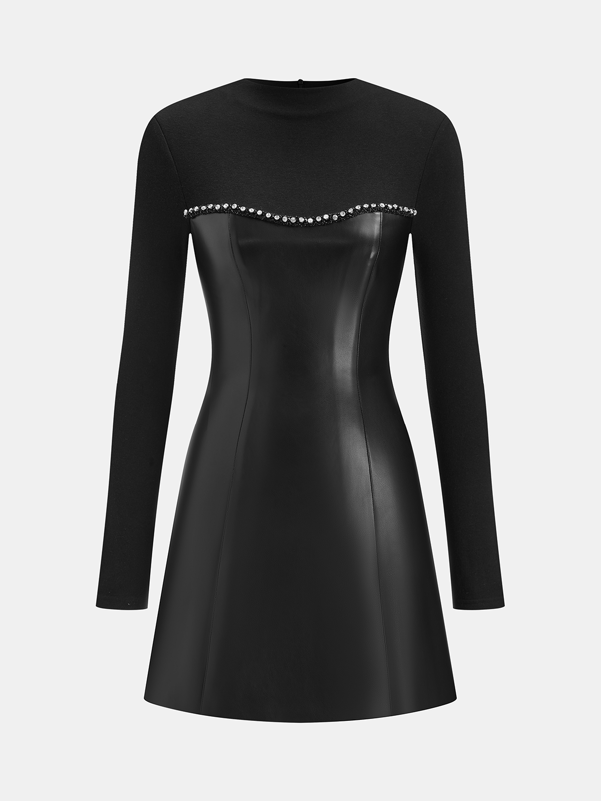 Minikleid mit langen Ärmeln, Kunstledereinsatz und Strassbesatz