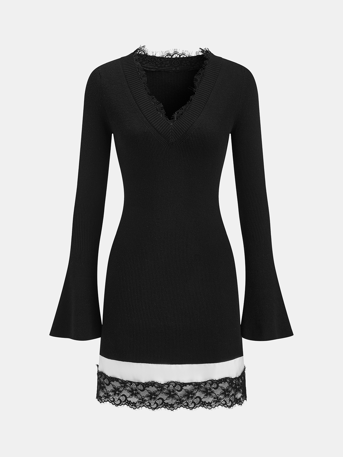 Mini-robe côtelée en mélange de laine avec dentelle et manches cloche