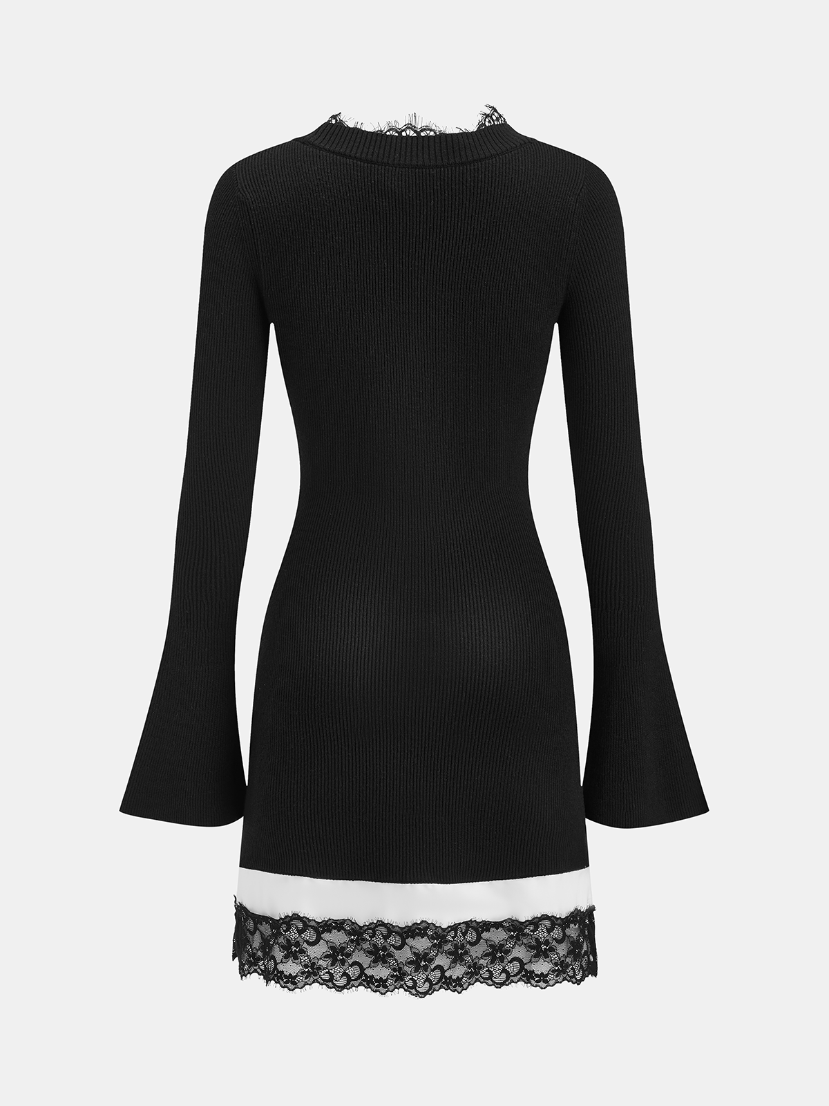 Mini-robe côtelée en mélange de laine avec dentelle et manches cloche