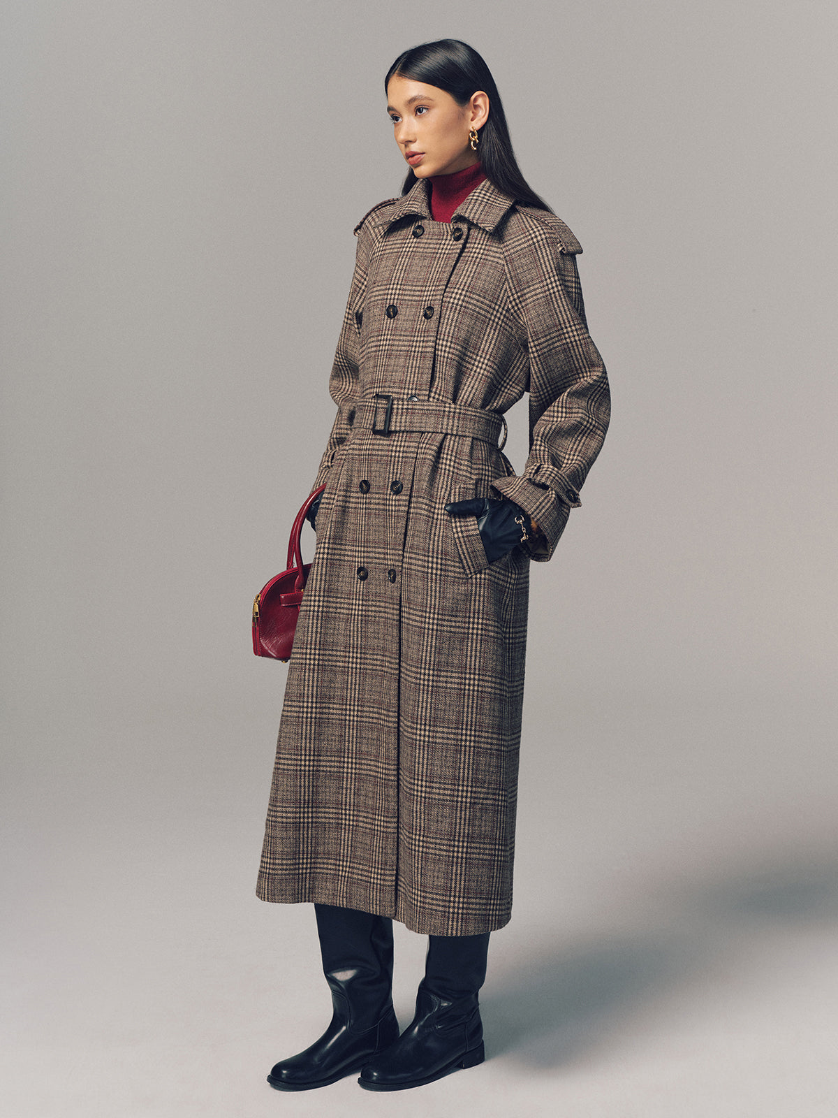 Trench-coat long croisé à ceinture en motif écossais