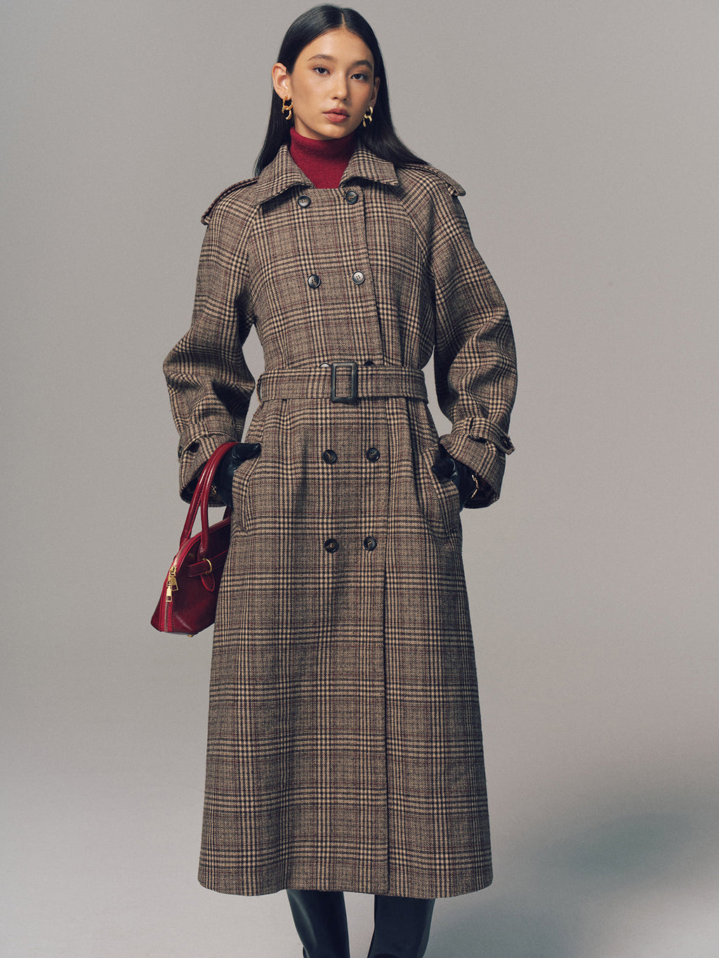 Trench-coat long croisé à ceinture en motif écossais