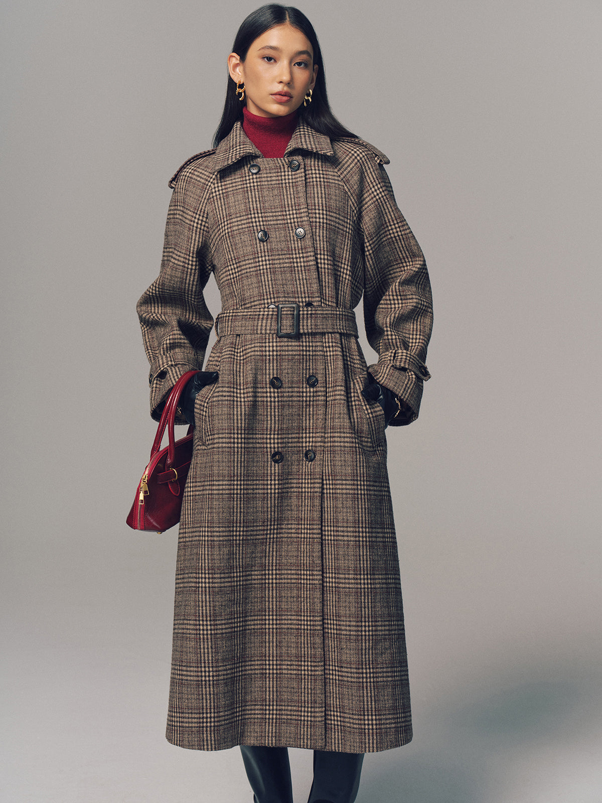 Trench-coat long croisé à ceinture en motif écossais